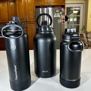 Black ThermoFlask, Ello, and Civago Water Bottles Preowned in good condition.